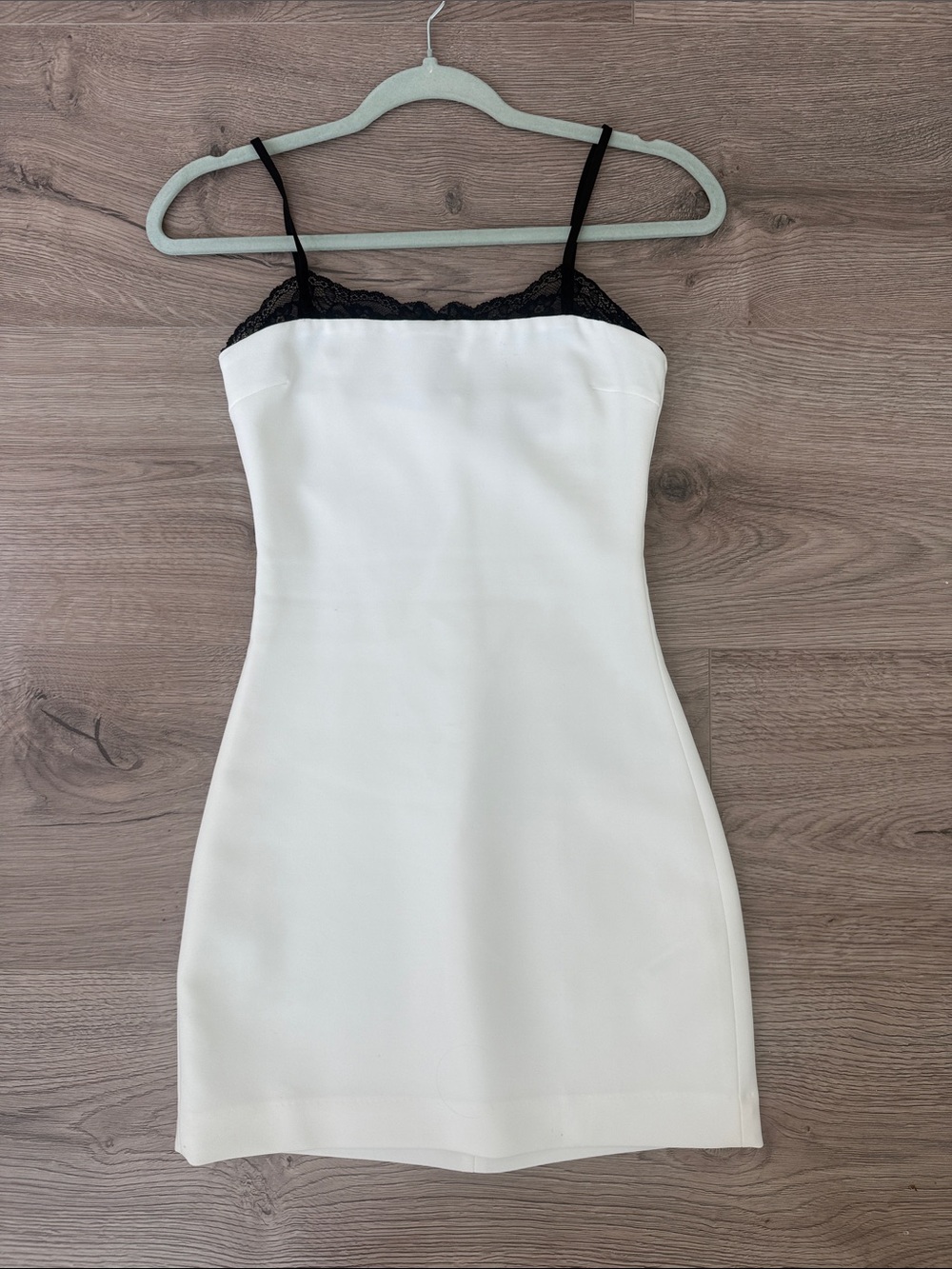 White Slip Dress with Black Lace Trim - Womens